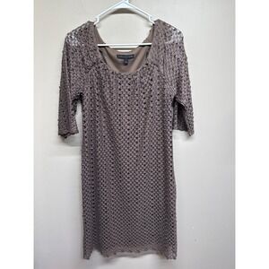 CHRIS MCLAUGHLIN Taupe Lace Overlay Dress 3/4 Sleeve Square Neck Lined Size 12